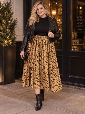 Leopard Print Tan & Black Plus Size Midi Skirt with Elastic Waist Size 1X
